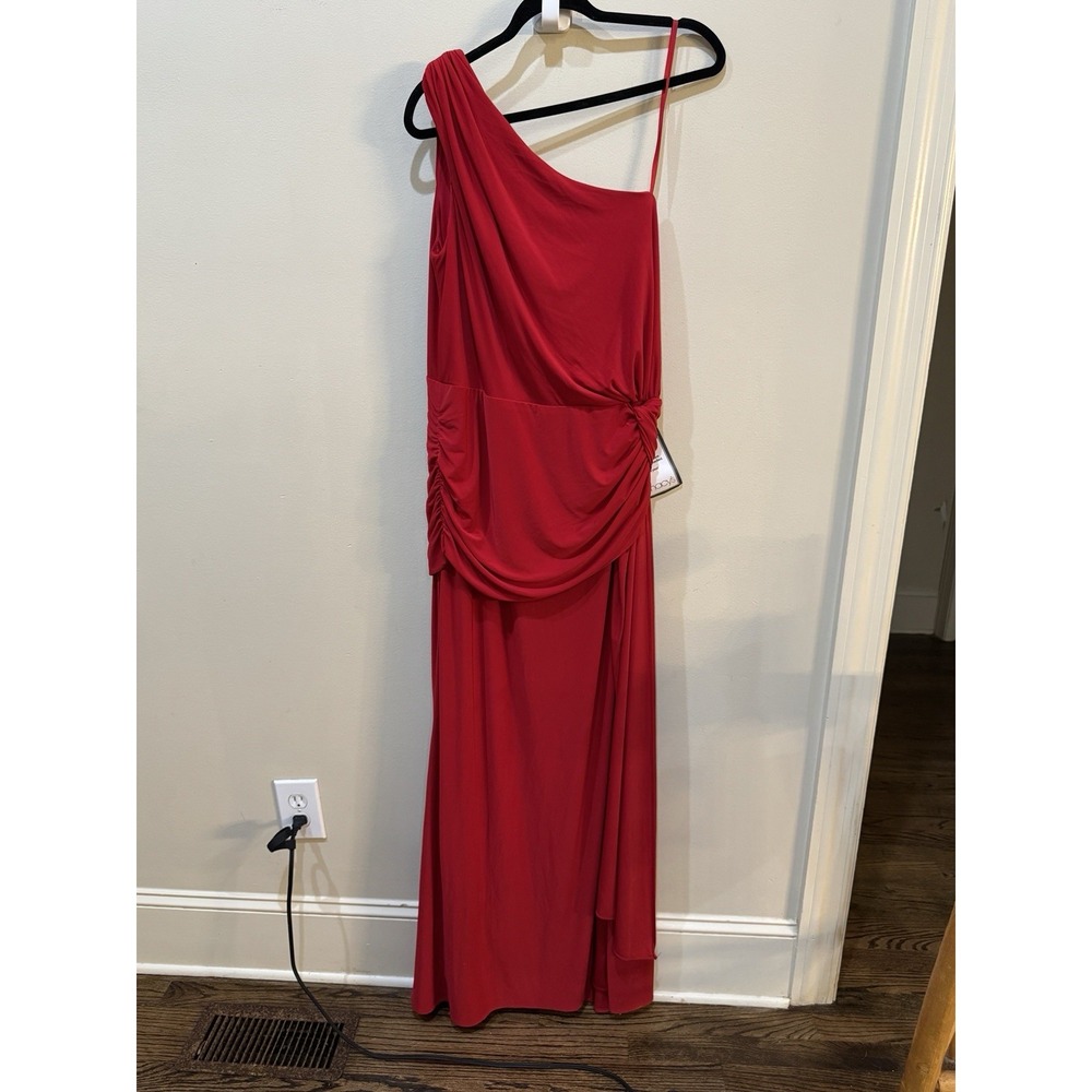Xscape Red One-Shoulder Twist Jersey Cascading Evening Gown Size 16W $208 - Picture 4 of 13